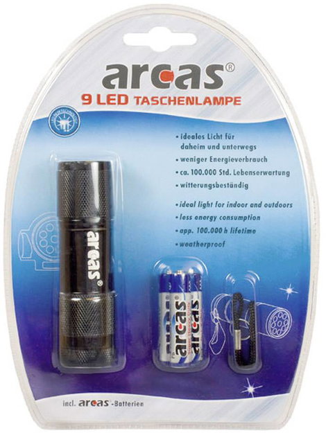 LED-es kézilámpa, 9 LED, alu, fekete, 65 g, Arcas 9LED+3XAAA 2. kép