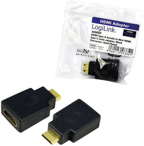 HDMI átalakító adapter, 1x mini HDMI C dugó - 1x HDMI aljzat, aranyozott, fekete, LogiLink 2. kép