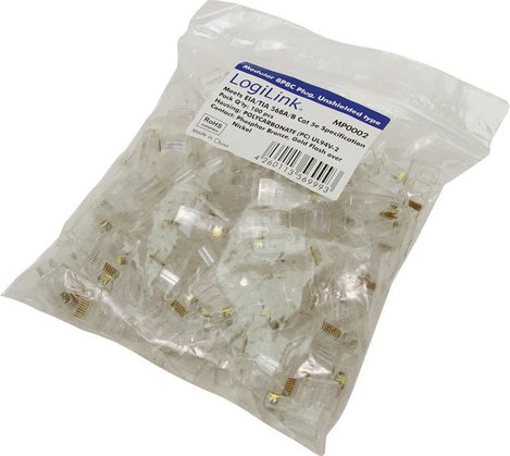 8 pólusú RJ45 csatlakozó dugó CAT5e, 100 db, átlátszó, LogiLink MP0002 2. kép