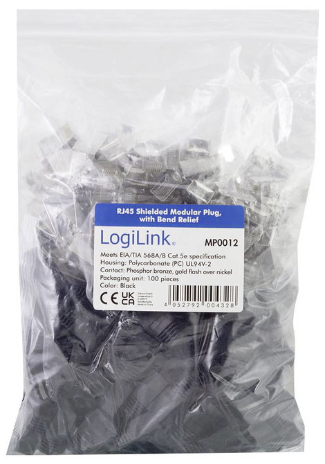 8 pólusú RJ45 csatlakozó dugó törésgátlóval CAT5e, árnyékolt, 100 db, fekete, LogiLink MP0012 3. kép