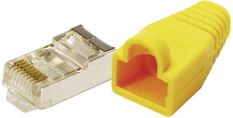 8 pólusú RJ45 csatlakozó dugó törésgátlóval CAT5e, árnyékolt, 100 db, sárga, LogiLink MP0015