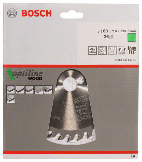 Bosch Accessories Optiline 2608640597 Keményfém körfűrészlap 160 x 20 x 2.6 mm Fogak száma (collonké 2. kép
