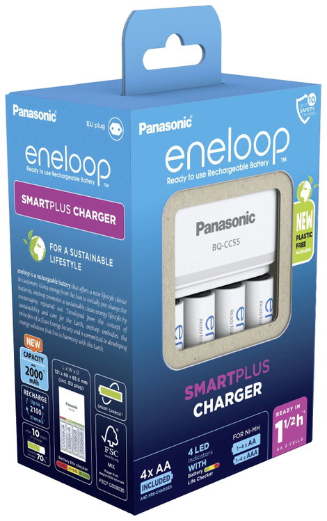 Hengeres akku töltő NiMH Akkukkal Panasonic Smart & Quick BQ-CC55 +4x eneloop AA Mikro (AAA), Ceruza 4. kép