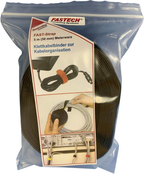 Tépőzár szalag bolyhos és horgos fél, 5 m x 50 mm, fekete, Fastech 699-330 Bag