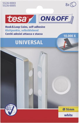 Tesa öntapadós tépőzár, tépőzáras ragasztó 8 pár kerek 16 mm fehér TESA On & Off 55226-03-00