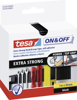 Tesa öntapadós tépőzár, tépőzáras ragasztószalag, extra erős 1000 mm x 50 mm fekete TESA On & Off 55