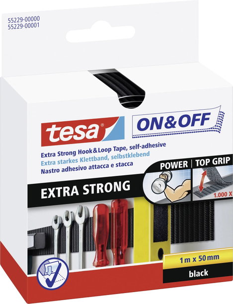 Tesa öntapadós tépőzár, tépőzáras ragasztószalag, extra erős 1000 mm x 50 mm fekete TESA On & Off 55