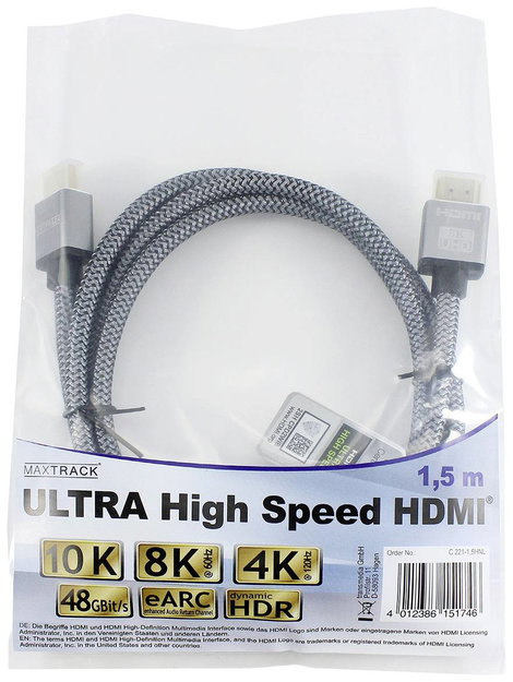 Maxtrack HDMI Csatlakozókábel HDMI-A dugó, HDMI-A dugó 1.50 m Fekete C 221-1,5HNL Ultra HD (8K) HDMI 3. kép