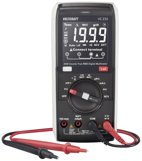 Digitális kézi multiméter CAT III 600 V, 2000 digit, Voltcraft VC232