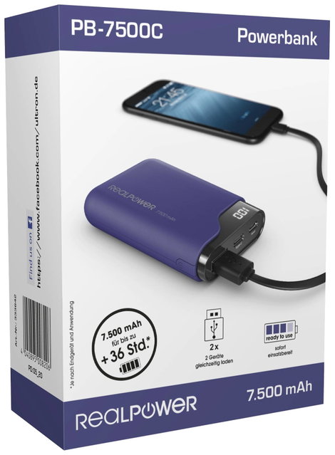 RealPower PB-7500C Powerbank 7500 mAh Lítiumion USB, USB-C® Navy kék 4. kép