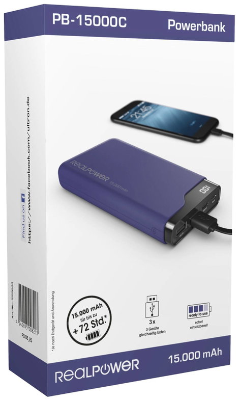 RealPower PB-15000C Powerbank 15000 mAh Lítiumion USB, USB-C® Navy kék 4. kép