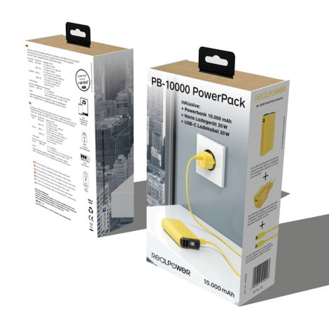 RealPower PB-10000 Power Pack Powerbank 10000 mAh Lítiumion USB, USB-C® Sárga 5. kép