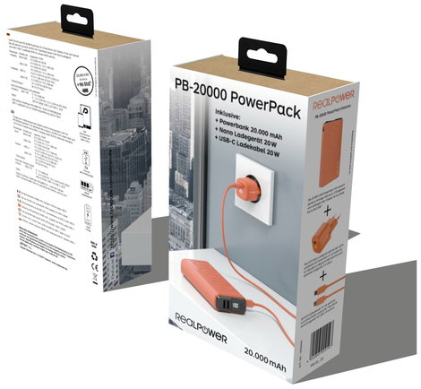 RealPower PB-20000 Power Pack Powerbank 20000 mAh Lítiumion USB, USB-C® Narancs 5. kép