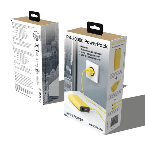 RealPower PB-20000 Power Pack Powerbank 20000 mAh Lítiumion USB, USB-C® Sárga 5. kép