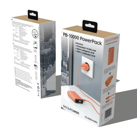 RealPower PB-10000 Power Pack Powerbank 10000 mAh Lítiumion USB, USB-C® Narancs 5. kép