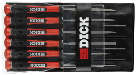 Dick 2160142-2K Tűreszelő készlet, 6 részes, fekete/piros fogantyúkkal, 140 mm, 2 vágás, Hossz 140 m