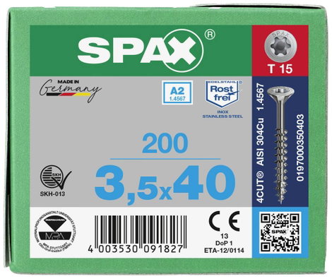SPAX SPAX Seko-T-Tg 197000350403 Facsavar 3.5 mm 40 mm Torx, E TORX 88091 Nemesacél V2A Rozsdamentes 4. kép