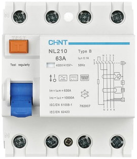 Chint 782007 NL210 3PN 63A 100mA B 10kA FI védőkapcsoló B/10 kA 3 pólusú 63 A 0.1 A 415 V