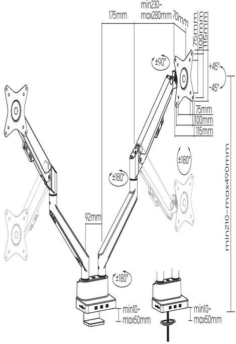SpeaKa Professional SP-TVC-600 TV kocsi 152,4 cm (60) - 254,0 cm (100) Állítható magasságú, Kihúzhat 5. kép