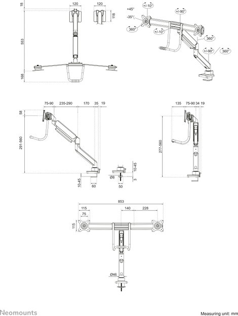 Neomounts DS75-450WH2 2 részes Monitor asztali tartó 43,2 cm (17) - 81,3 cm (32) Fehér Állítható mag 15. kép