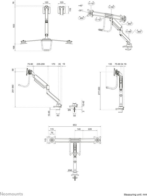 Neomounts DS75-450BL2 2 részes Monitor asztali tartó 43,2 cm (17) - 81,3 cm (32) Fekete, Fekete/kék 15. kép