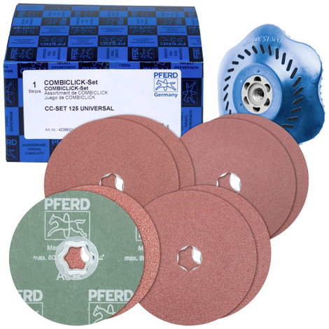 PFERD 42098001 COMBICLICK szálas tárcsakészlet korund Ø125mm A36, 60, 80, 120 CC-H-GT alátéttel univ