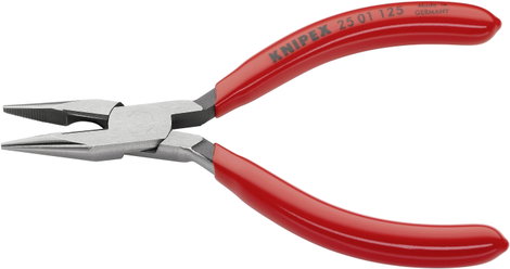 Fél-kerek csőrű fogó vágóéllel (Rádiófogó) 125 mm, hegyes, lapos pofa, Knipex 25 01 125