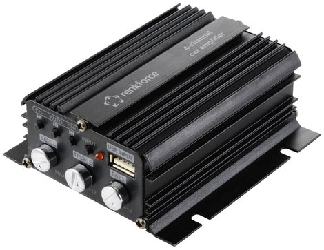Renkforce RF-CMP-204 4 csatornás végfok 200 W Bluetooth®-/USB hanglejátszás, Hangerő-/basszus-/magas