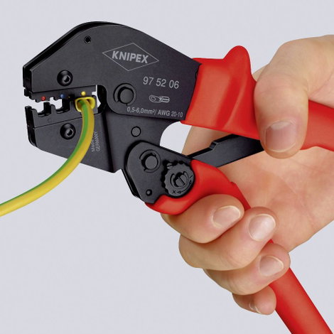 Krimpelő fogó kétkezes kezelésre is 250 mm, szigeteletlen kábelsaruk + dugaszoló csatlakozó, Knipex 2. kép
