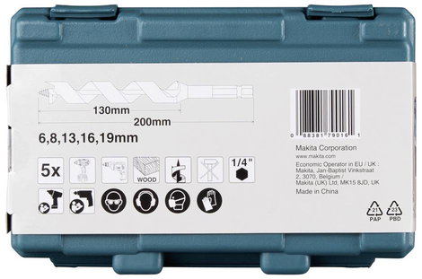 Makita D-75677 Csigafúró készlet 6 mm, 8 mm, 13 mm, 16 mm, 19 mm Teljes hossz 200 mm Hatlap 1 készle 7. kép
