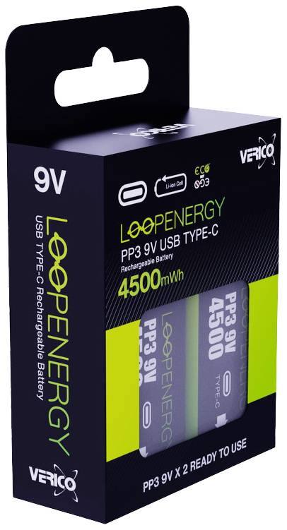 9 V-os akku Verico LoopEnergy USB-C Lítiumion 7.4 V 500 mAh 2 db 2. kép