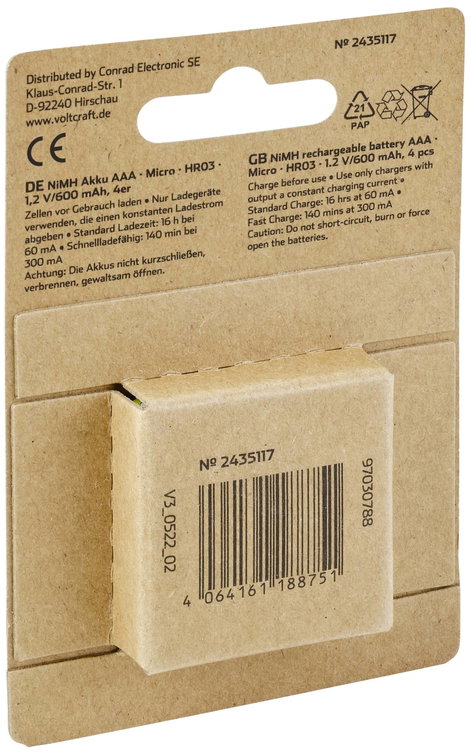 VOLTCRAFT Endurance Mikroakku NiMH 600 mAh 1.2 V 4 db 4. kép