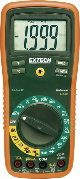 Digitális multiméter, mérőműszer, hőmérséklet mérő funkcióval 10A AC/DC Extech EX410A