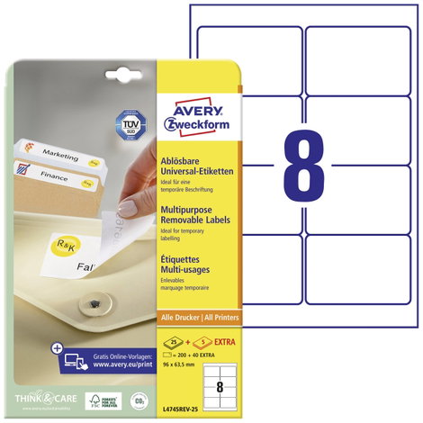 Avery-Zweckform L4745REV-25 Univerzális etikett 96 x 63.5 mm Papír Fehér 240 db Leoldható Tintasugar