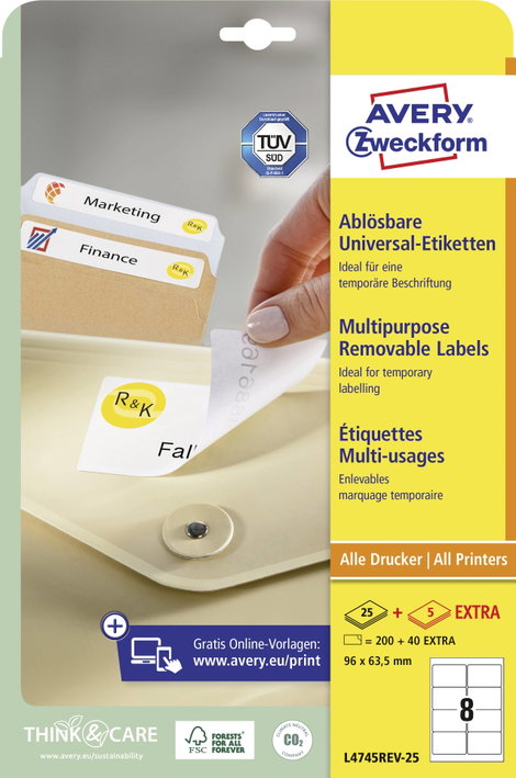 Avery-Zweckform L4745REV-25 Univerzális etikett 96 x 63.5 mm Papír Fehér 240 db Leoldható Tintasugar 2. kép