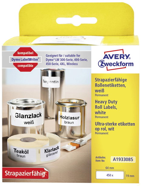 Avery-Zweckform Etikett tekercs 19 x 64 mm Fólia Fehér 450 db Véglegesen tapadó A1933085 Univerzális 2. kép