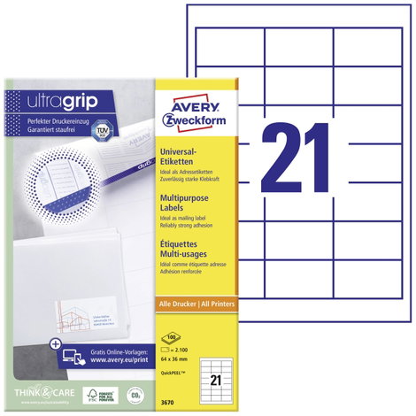 Avery-Zweckform 3670 Univerzális etikett 64 x 36 mm Papír Fehér 2100 db Véglegesen tapadó Lézernyomt