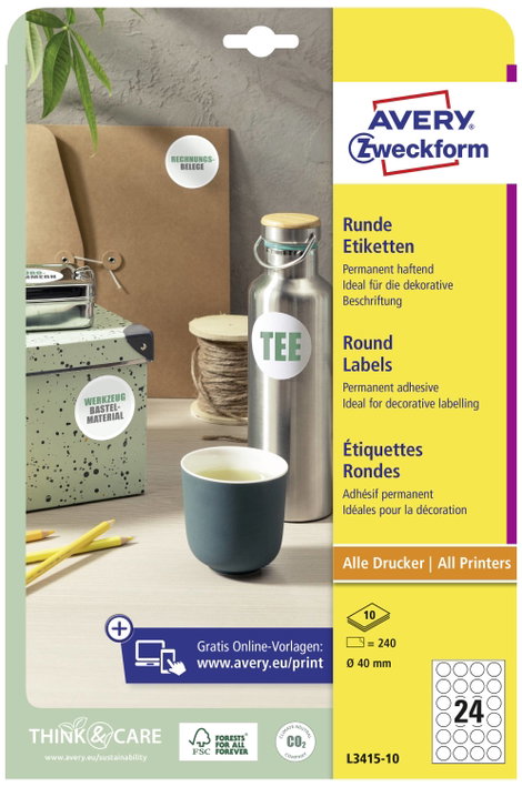 Avery-Zweckform L3415-10 Univerzális etikett Ø 40 mm Papír Fehér 240 db Véglegesen tapadó Lézernyomt 2. kép