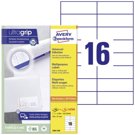 Avery-Zweckform 3484-200 105 x 37 mm Papír Fehér 3520 db Véglegesen tapadó Univerzális etikett Lézer