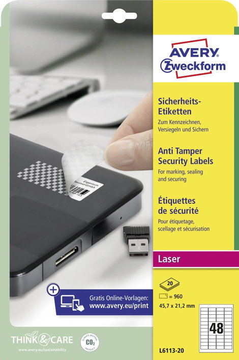 Avery-Zweckform L6113-20 Biztonsági etikett 45.7 x 21.2 mm Poliészter fólia Fehér 960 db Véglegesen  3. kép
