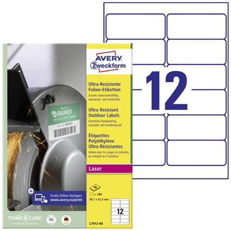 Avery-Zweckform L7913-40 Univerzális etikett 99.1 x 42.3 mm Polietilén fólia Fehér 480 db Véglegesen