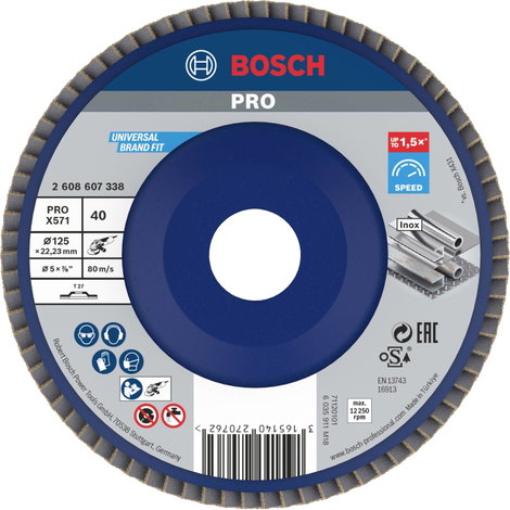 Bosch Accessories 2608607338 X571 Felületcsiszoló korong Ø 125 mm Furat átmérő 22.33 mm Acél 1 db