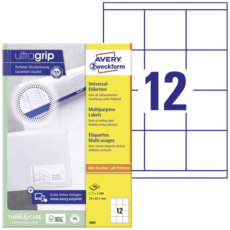 Avery-Zweckform 3661 Univerzális etikett 70 x 67.7 mm Papír Fehér 1200 db Véglegesen tapadó Színes l