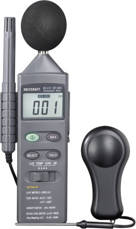 Környezetvédelmi mérőműszer, hőmérséklet, páratartalom, fény és zajszint mérő Voltcraft DT-8820
