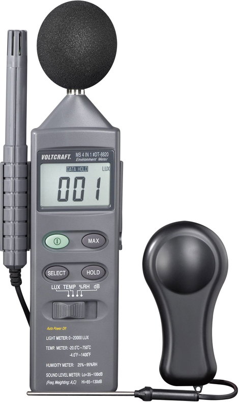 Környezetvédelmi mérőműszer, hőmérséklet, páratartalom, fény és zajszint mérő Voltcraft DT-8820