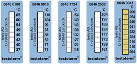 Öntapadós, felragasztható hőmérőcsík, 50 x 18 mm, 37/40/43/46/49/54/60/65 °C-ig Testo Testoterm