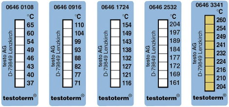 Öntapadós hőmérőcsík készlet 50 x 18 mm, 71/77/82/88/93/99/104/110 °C, Testo Testoterm