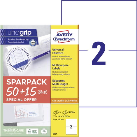 Avery-Zweckform 6604 210 x 148 mm Papír Fehér 130 db Véglegesen tapadó Univerzális etikett Lézer 65