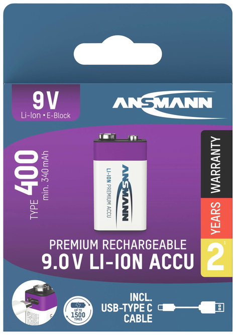 USB-C® akku Ansmann E-Block USB-C Lítiumion 9 V 400 mAh 1 db 5. kép