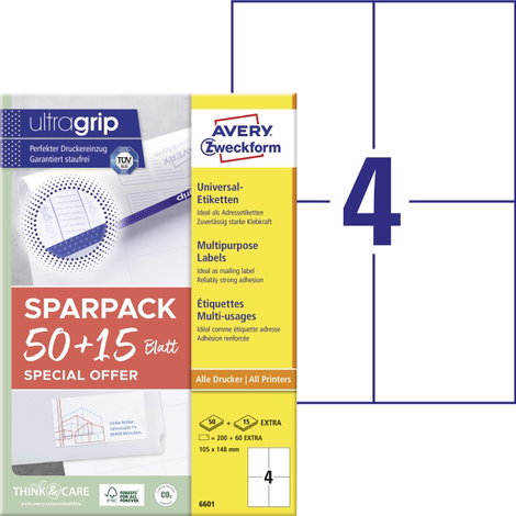 Avery-Zweckform 6601 105 x 148 mm Papír Fehér 260 db Véglegesen tapadó Univerzális etikett Lézer 65